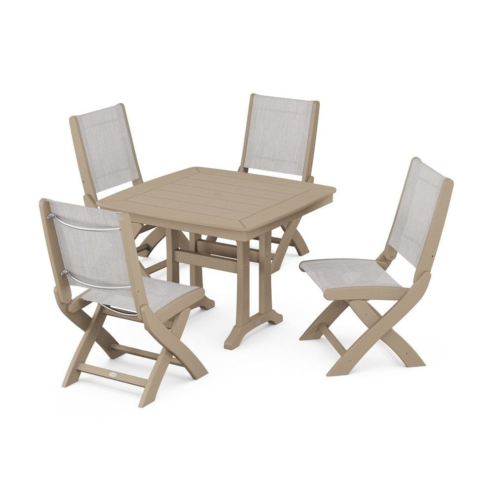 POLYWOOD® Outdoor Furniture Vintage Sahara / Parchment Sling POLYWOOD® - Coastal Folding Side Chair 5-Piece Dining Set with Trestle Legs - PWS968