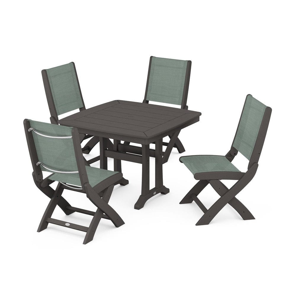 POLYWOOD® Outdoor Furniture Vintage Coffee / Dupioni Sea Mist Sling POLYWOOD® - Coastal Folding Side Chair 5-Piece Dining Set with Trestle Legs - PWS968
