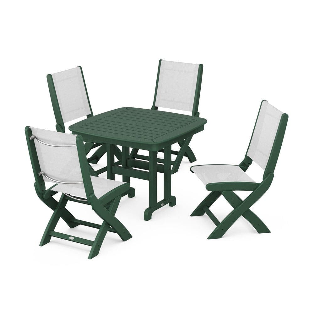 POLYWOOD® Outdoor Furniture Green / White Sling POLYWOOD® - Coastal Folding Side Chair 5-Piece Dining Set - PWS1238
