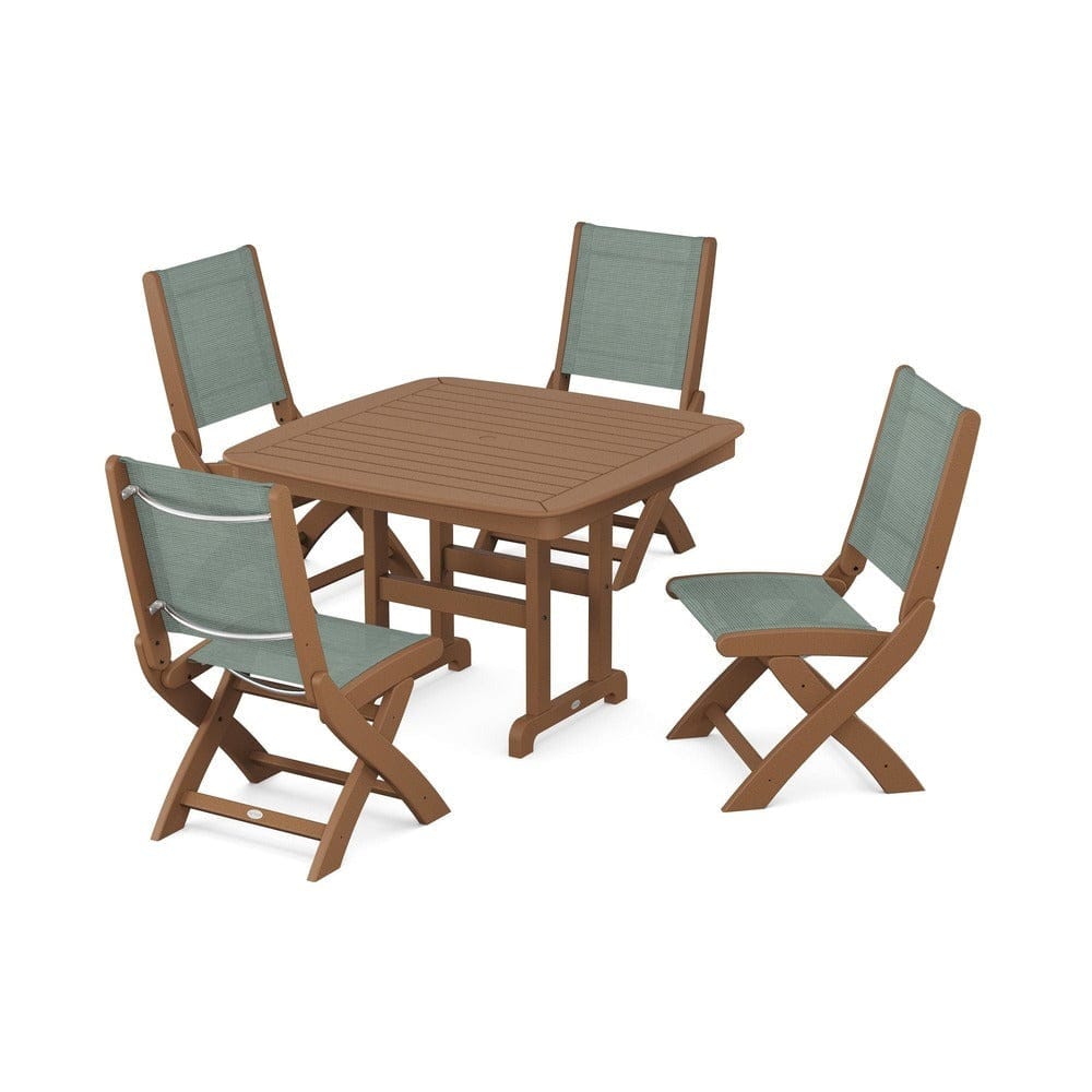 POLYWOOD® Outdoor Furniture Teak / Dupioni Sea Mist Sling POLYWOOD® - Coastal Folding Side Chair 5-Piece Dining Set - PWS916