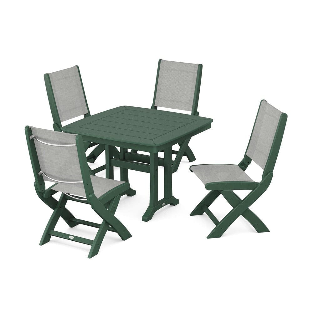 POLYWOOD® Outdoor Furniture Green / Metallic Sling POLYWOOD® - Coastal Folding Side Chair 5-Piece Dining Set with Trestle Legs - PWS968