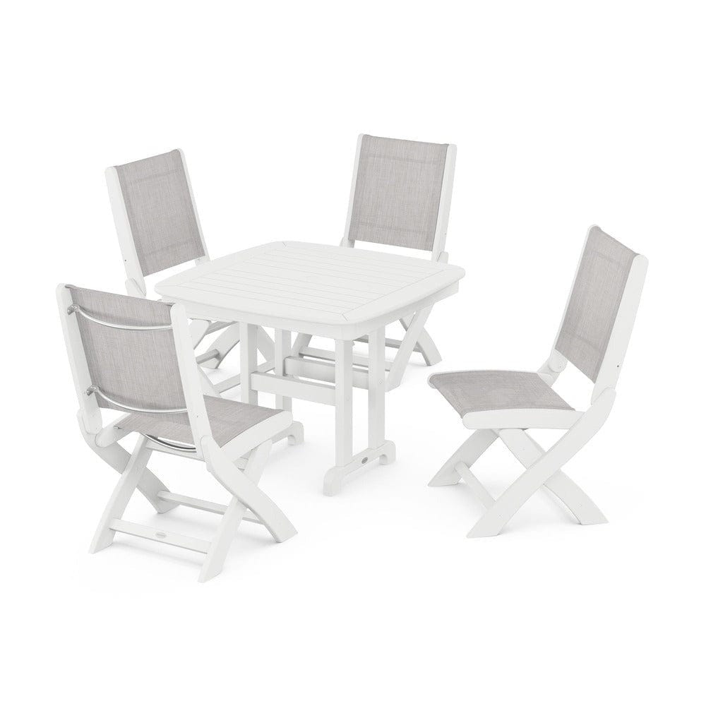 POLYWOOD® Outdoor Furniture White / Parchment Sling POLYWOOD® - Coastal Folding Side Chair 5-Piece Dining Set - PWS1238