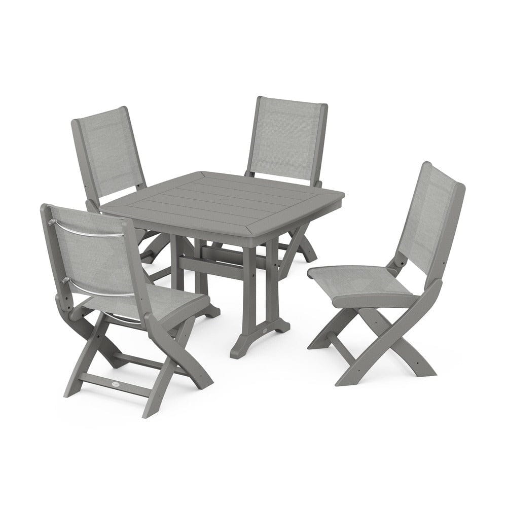 POLYWOOD® Outdoor Furniture Slate Grey / Metallic Sling POLYWOOD® - Coastal Folding Side Chair 5-Piece Dining Set with Trestle Legs - PWS968