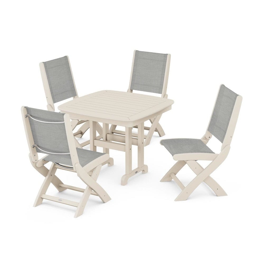 POLYWOOD® Outdoor Furniture Sand / Metallic Sling POLYWOOD® - Coastal Folding Side Chair 5-Piece Dining Set - PWS1238