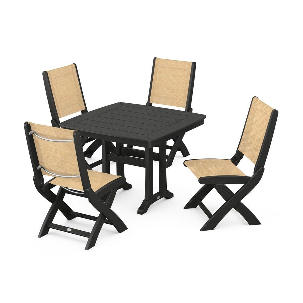 POLYWOOD® Outdoor Furniture Black / Dupioni Apricot Sling POLYWOOD® - Coastal Folding Side Chair 5-Piece Dining Set with Trestle Legs - PWS968