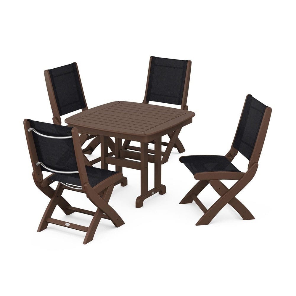 POLYWOOD® Outdoor Furniture Mahogany / Black Sling POLYWOOD® - Coastal Folding Side Chair 5-Piece Dining Set - PWS1238