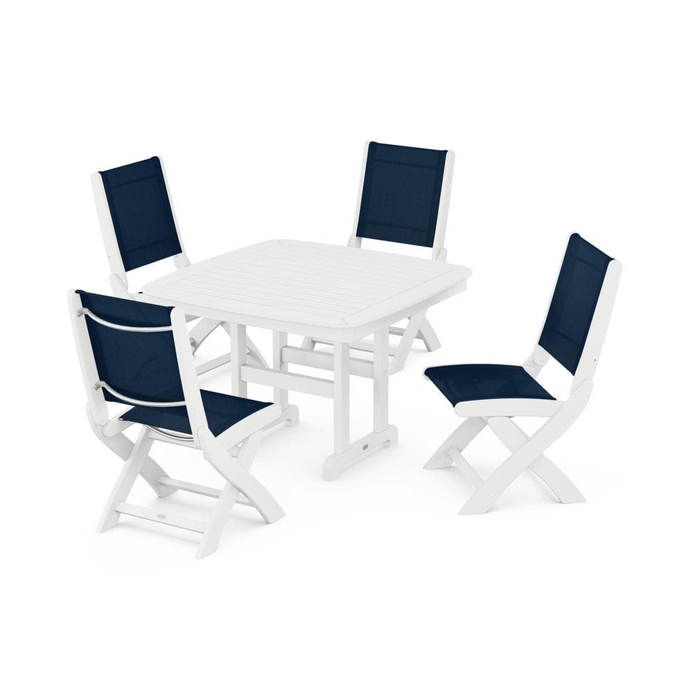 POLYWOOD® Outdoor Furniture White / Navy Blue Sling POLYWOOD® - Coastal Folding Side Chair 5-Piece Dining Set - PWS916