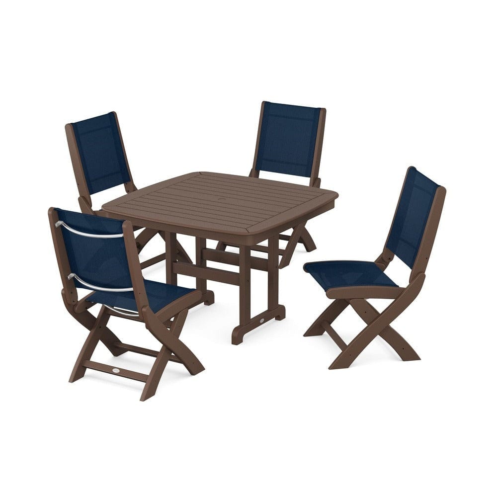 POLYWOOD® Outdoor Furniture Mahogany / Navy Blue Sling POLYWOOD® - Coastal Folding Side Chair 5-Piece Dining Set - PWS916