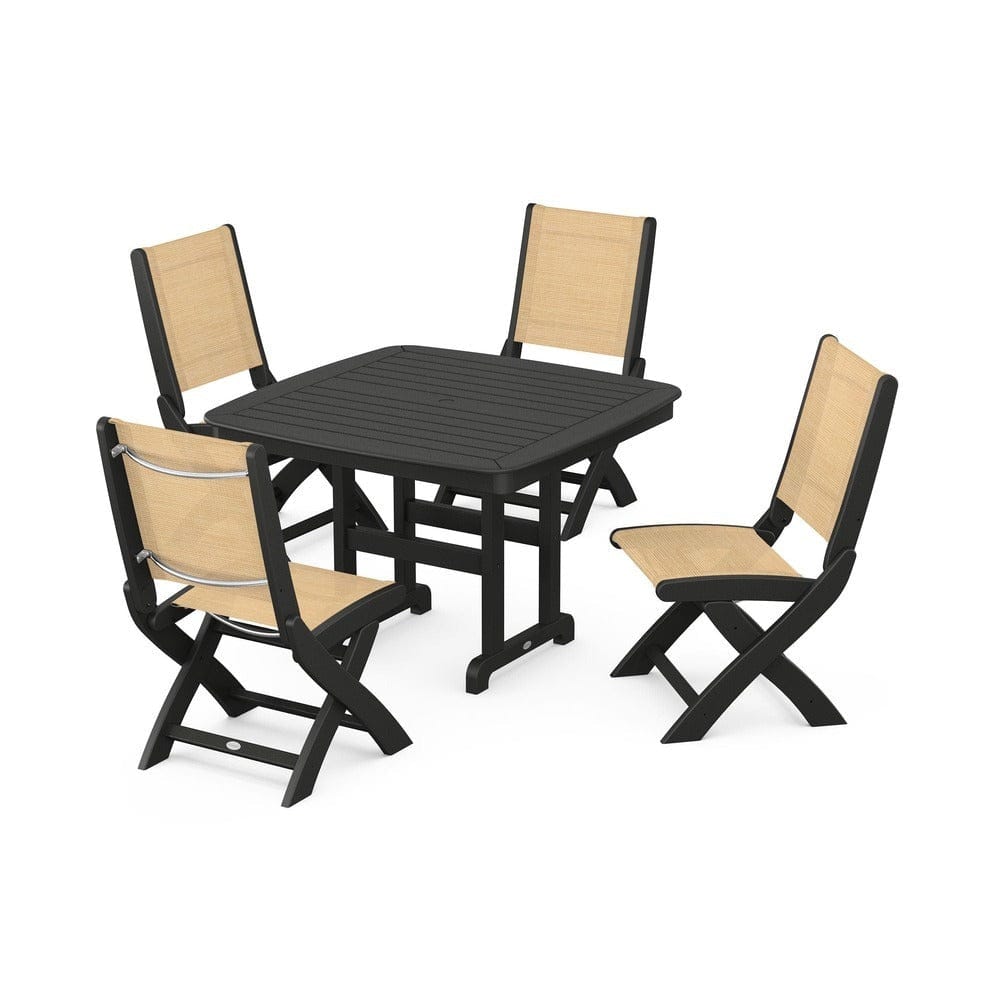 POLYWOOD® Outdoor Furniture Black / Dupioni Apricot Sling POLYWOOD® - Coastal Folding Side Chair 5-Piece Dining Set - PWS916
