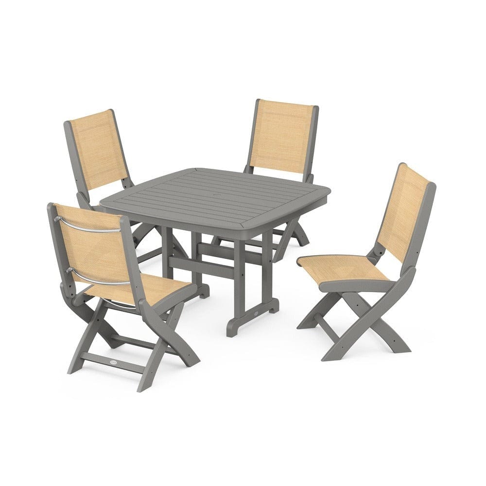 POLYWOOD® Outdoor Furniture Slate Grey / Dupioni Apricot Sling POLYWOOD® - Coastal Folding Side Chair 5-Piece Dining Set - PWS916
