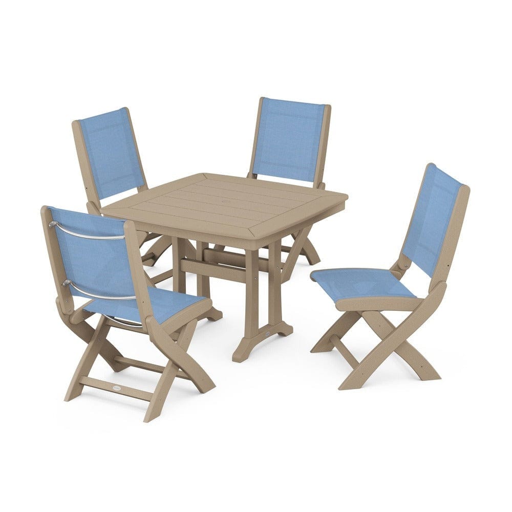 POLYWOOD® Outdoor Furniture Vintage Sahara / Poolside Sling POLYWOOD® - Coastal Folding Side Chair 5-Piece Dining Set with Trestle Legs - PWS968