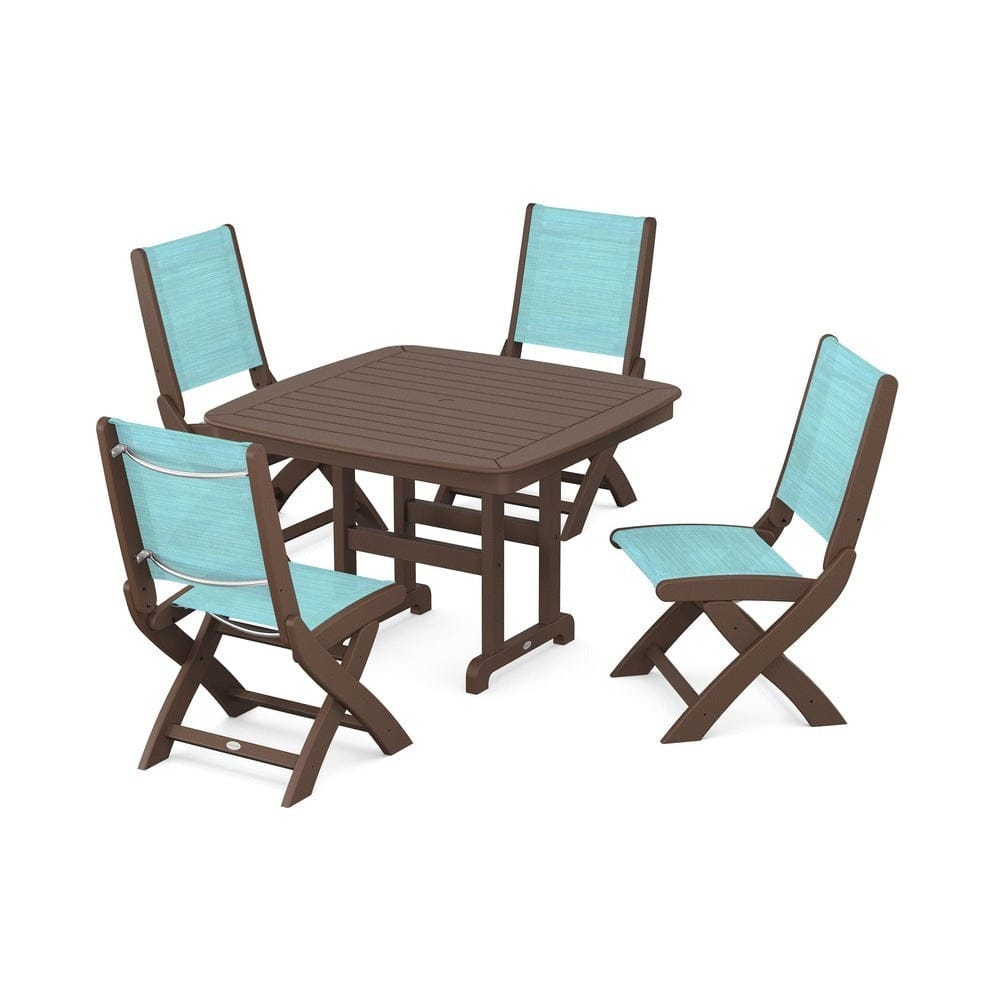 POLYWOOD® Outdoor Furniture Mahogany / Dupioni Aquamarine Sling POLYWOOD® - Coastal Folding Side Chair 5-Piece Dining Set - PWS916