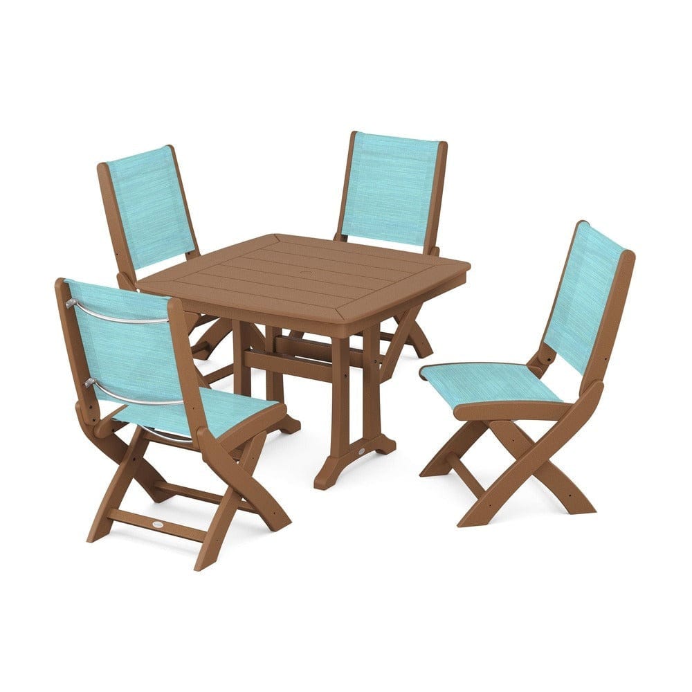 POLYWOOD® Outdoor Furniture Teak / Dupioni Aquamarine Sling POLYWOOD® - Coastal Folding Side Chair 5-Piece Dining Set with Trestle Legs - PWS968