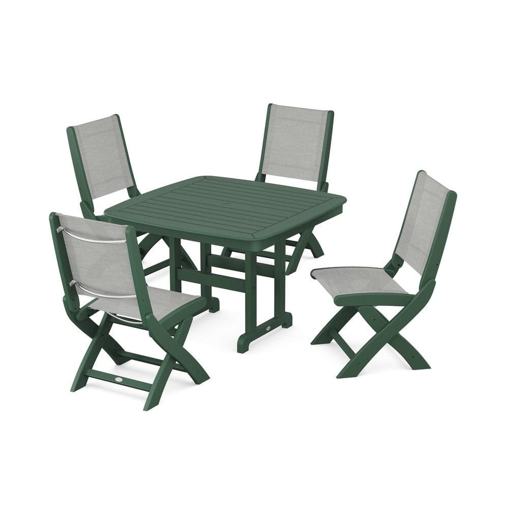 POLYWOOD® Outdoor Furniture Green / Metallic Sling POLYWOOD® - Coastal Folding Side Chair 5-Piece Dining Set - PWS916