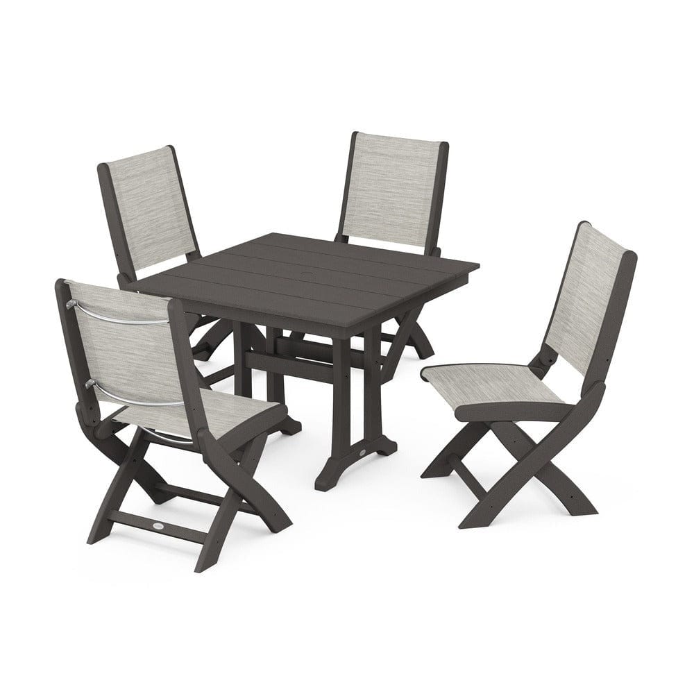 POLYWOOD® Outdoor Furniture Vintage Coffee / Birch Sling POLYWOOD® - Coastal Folding Side Chair 5-Piece Farmhouse Dining Set With Trestle Legs - PWS946