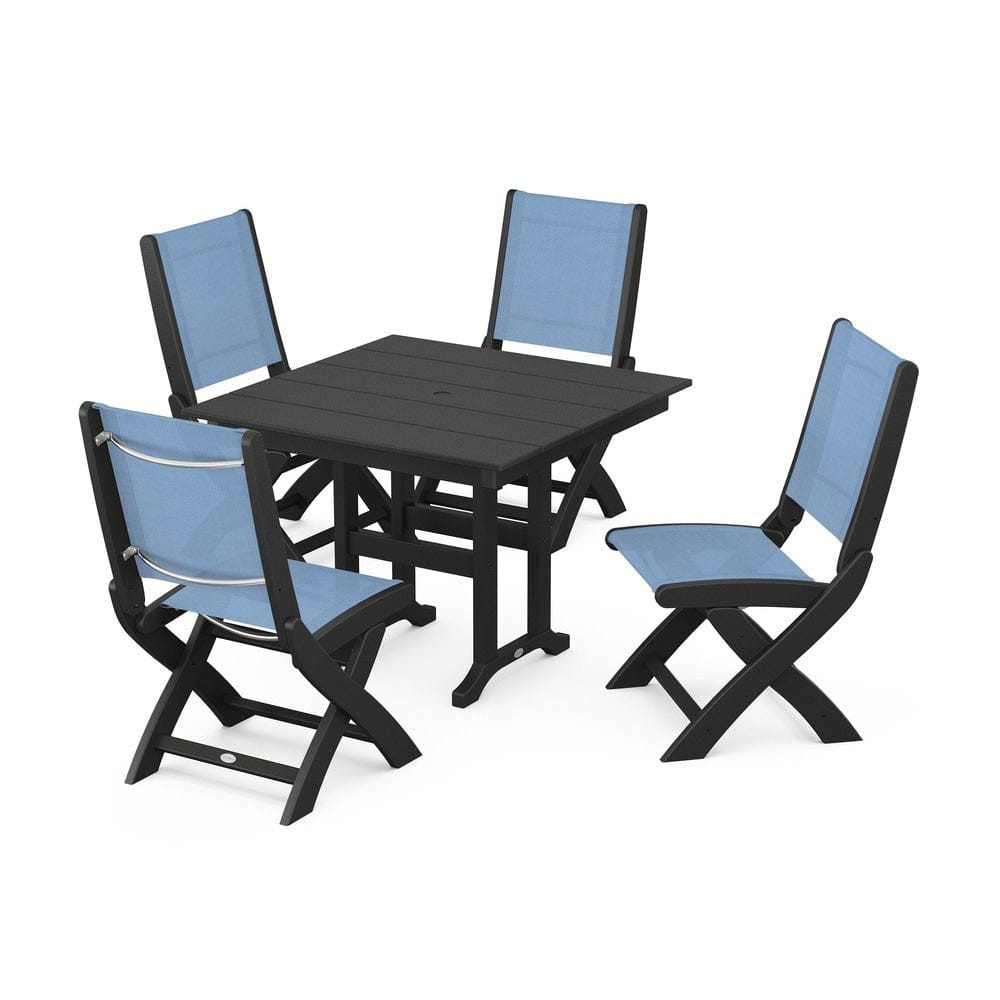 POLYWOOD® Outdoor Furniture Black / Poolside Sling POLYWOOD® - Coastal Folding Side Chair 5-Piece Farmhouse Dining Set - PWS1143