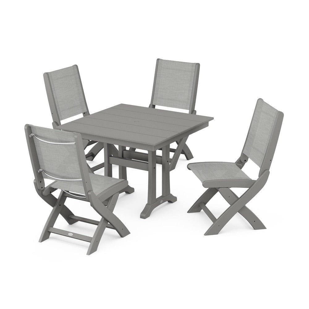 POLYWOOD® Outdoor Furniture Slate Grey / Metallic Sling POLYWOOD® - Coastal Folding Side Chair 5-Piece Farmhouse Dining Set With Trestle Legs - PWS946