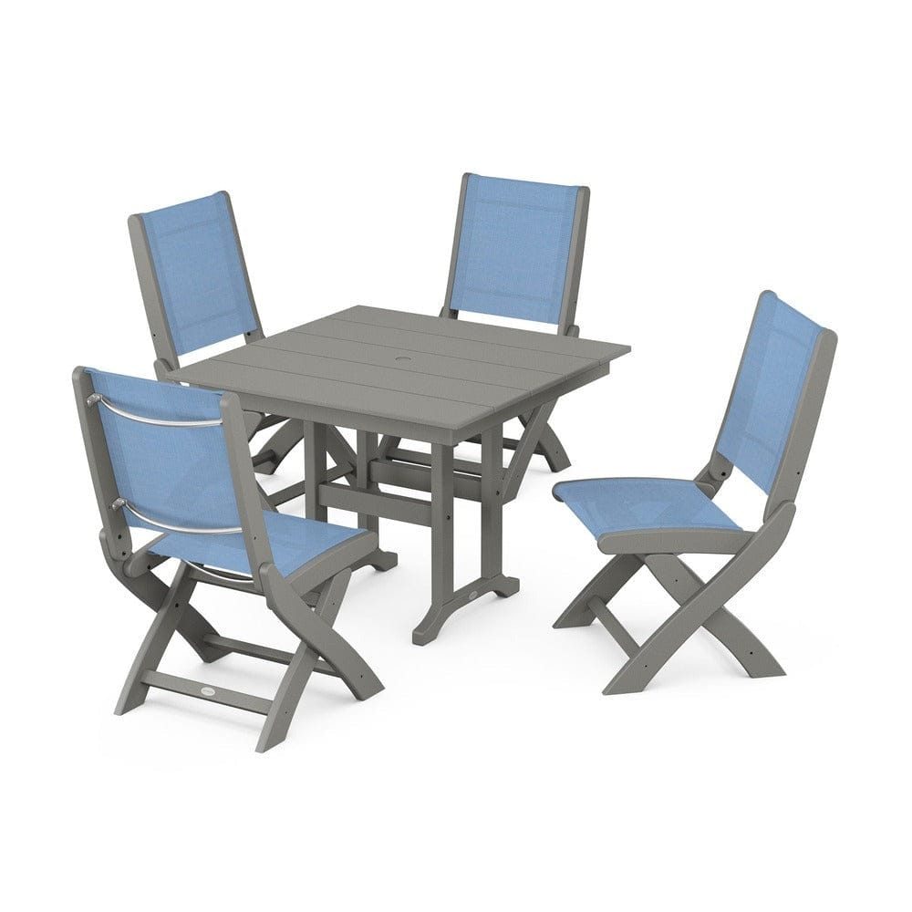 POLYWOOD® Outdoor Furniture Slate Grey / Poolside Sling POLYWOOD® - Coastal Folding Side Chair 5-Piece Farmhouse Dining Set - PWS1143
