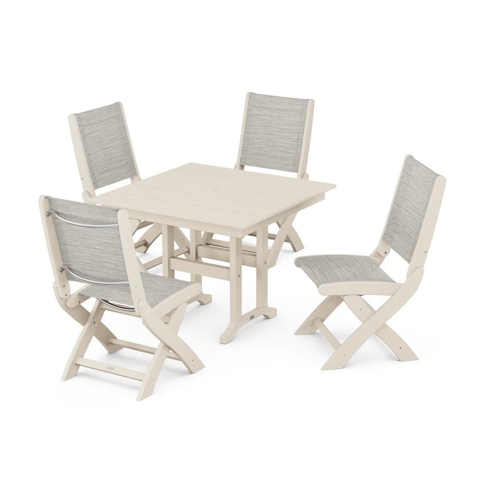 POLYWOOD® Outdoor Furniture Sand / Birch Sling POLYWOOD® - Coastal Folding Side Chair 5-Piece Farmhouse Dining Set - PWS1143