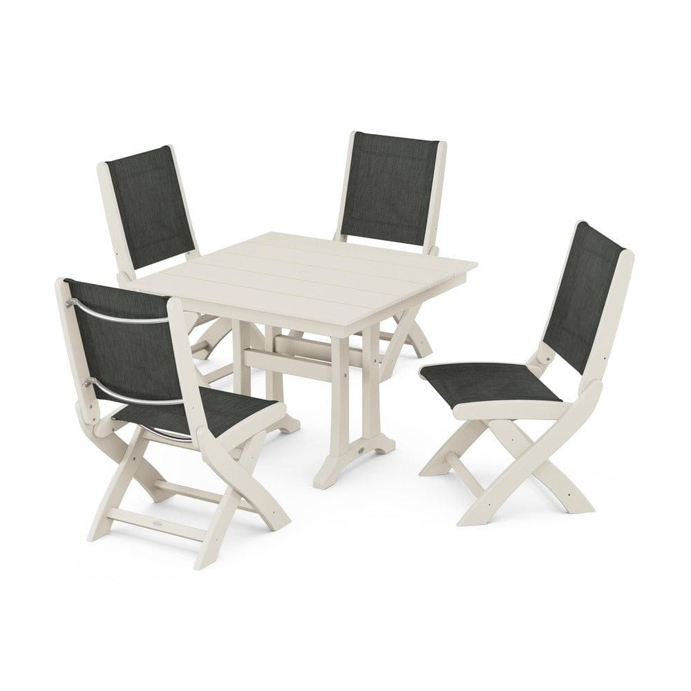 POLYWOOD® Outdoor Furniture Sand / Ember Sling POLYWOOD® - Coastal Folding Side Chair 5-Piece Farmhouse Dining Set With Trestle Legs - PWS946