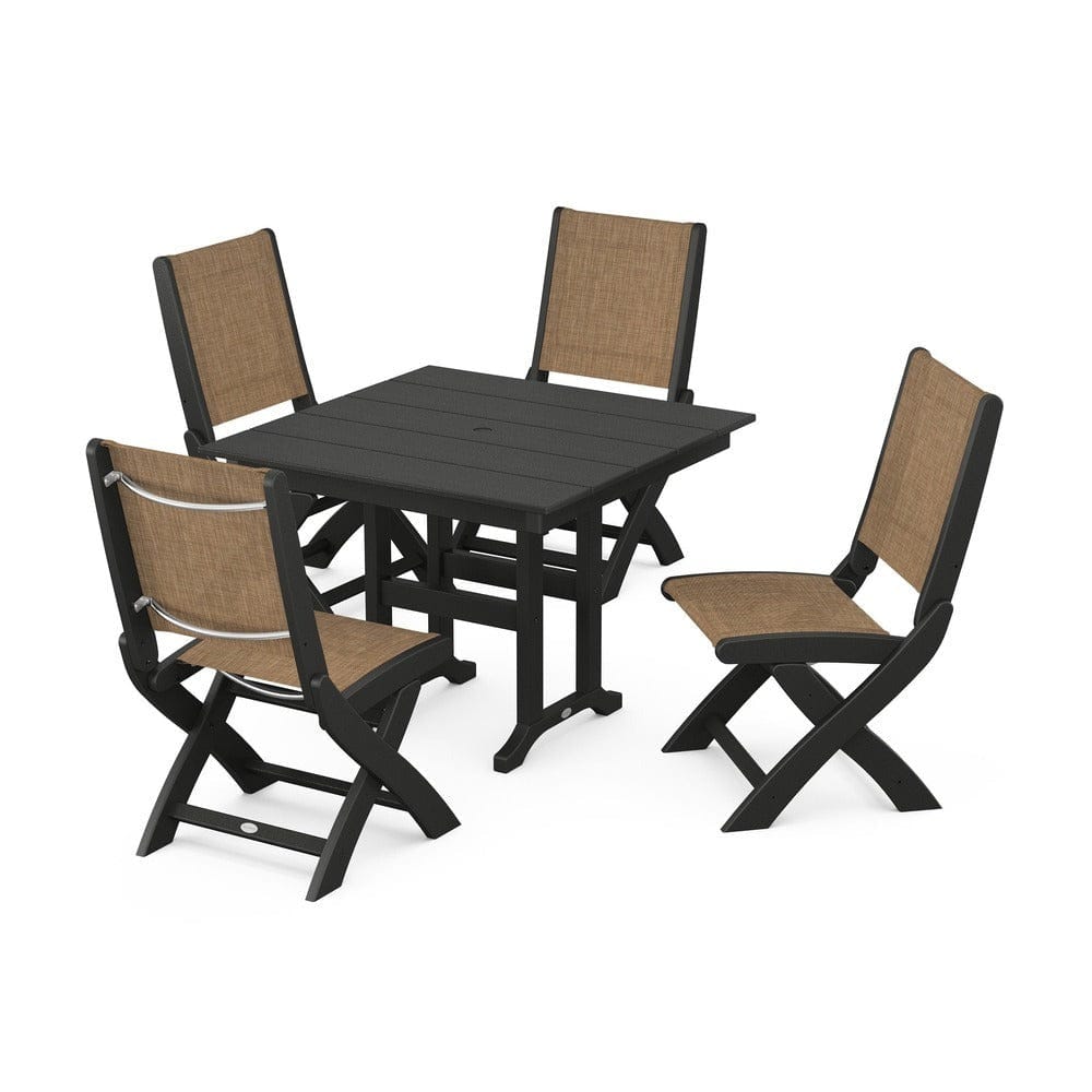 POLYWOOD® Outdoor Furniture Black / Burlap Sling POLYWOOD® - Coastal Folding Side Chair 5-Piece Farmhouse Dining Set - PWS1143