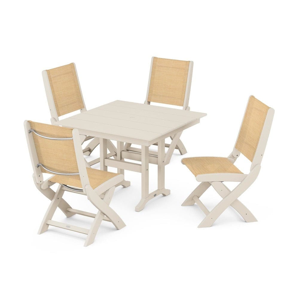 POLYWOOD® Outdoor Furniture Sand / Dupioni Apricot Sling POLYWOOD® - Coastal Folding Side Chair 5-Piece Farmhouse Dining Set - PWS1143