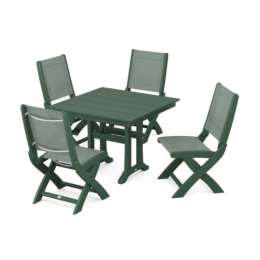 POLYWOOD® Outdoor Furniture Green / Dupioni Sea Mist Sling POLYWOOD® - Coastal Folding Side Chair 5-Piece Farmhouse Dining Set With Trestle Legs - PWS946