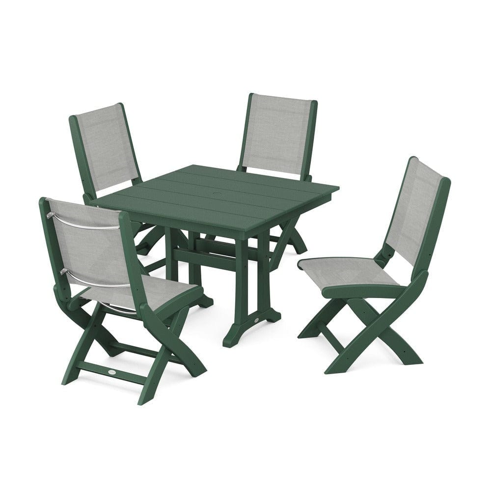 POLYWOOD® Outdoor Furniture Green / Metallic Sling POLYWOOD® - Coastal Folding Side Chair 5-Piece Farmhouse Dining Set With Trestle Legs - PWS946
