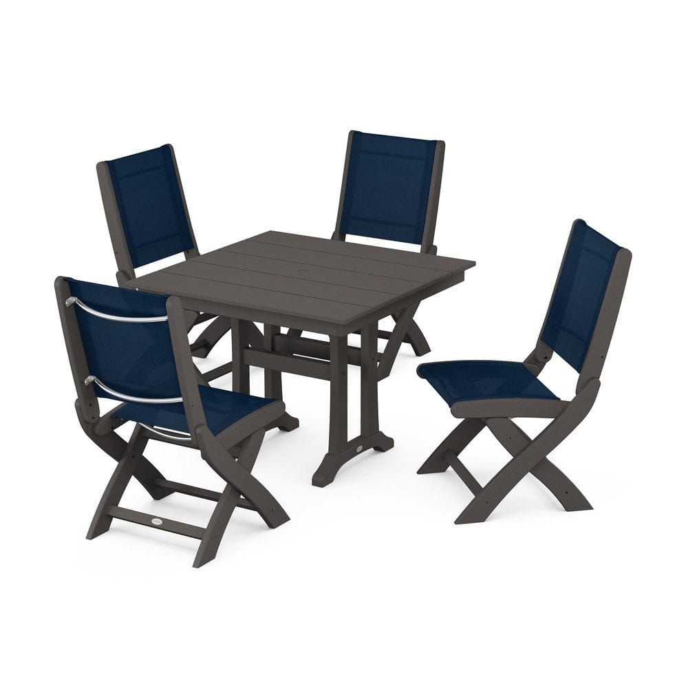 POLYWOOD® Outdoor Furniture Vintage Coffee / Navy Blue Sling POLYWOOD® - Coastal Folding Side Chair 5-Piece Farmhouse Dining Set With Trestle Legs - PWS946