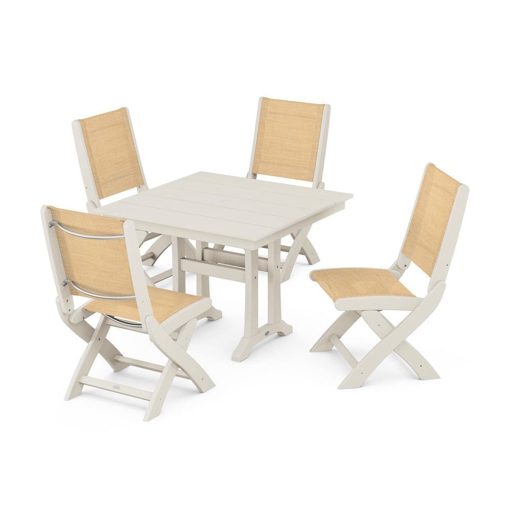 POLYWOOD® Outdoor Furniture Sand / Dupioni Apricot Sling POLYWOOD® - Coastal Folding Side Chair 5-Piece Farmhouse Dining Set With Trestle Legs - PWS946