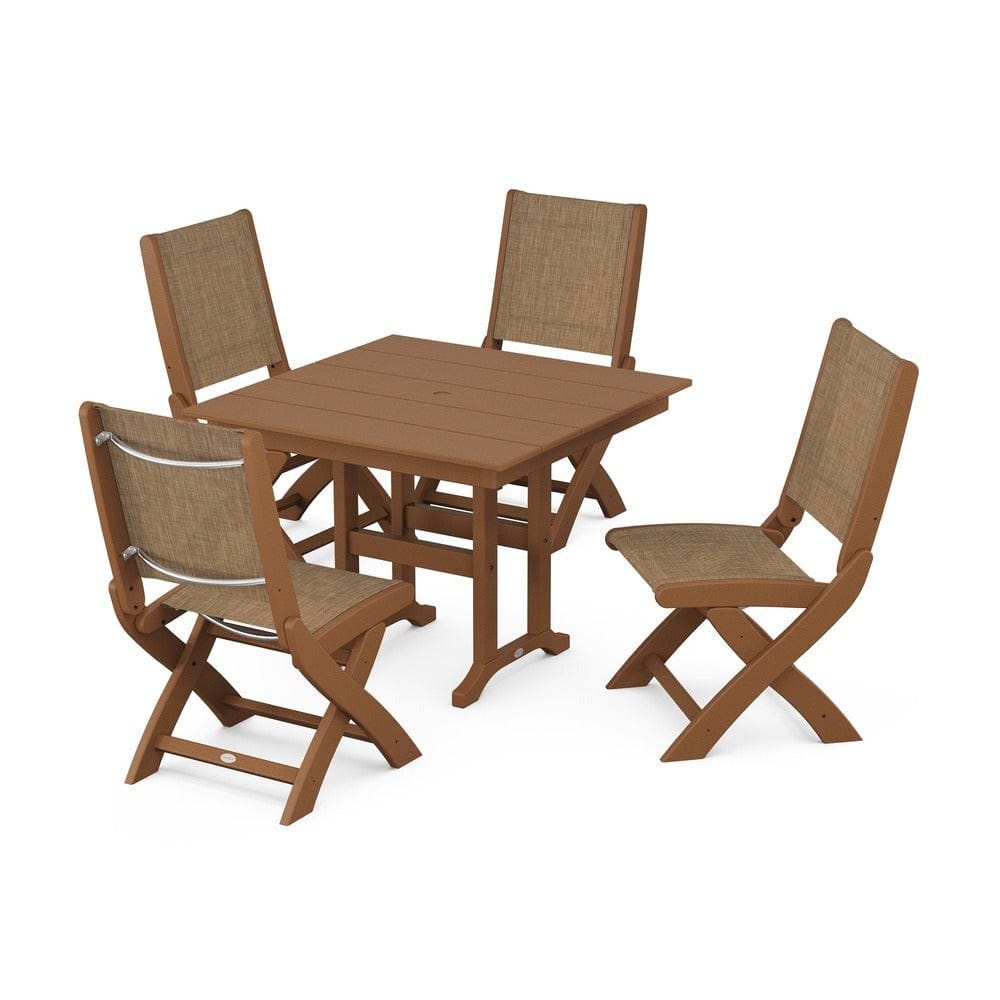 POLYWOOD® Outdoor Furniture Teak / Burlap Sling POLYWOOD® - Coastal Folding Side Chair 5-Piece Farmhouse Dining Set - PWS1143