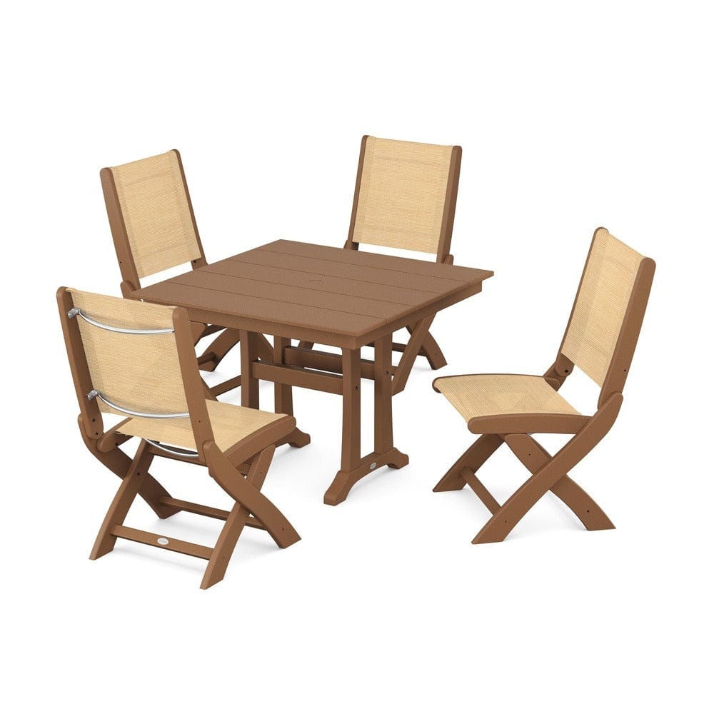 POLYWOOD® Outdoor Furniture Teak / Dupioni Apricot Sling POLYWOOD® - Coastal Folding Side Chair 5-Piece Farmhouse Dining Set With Trestle Legs - PWS946
