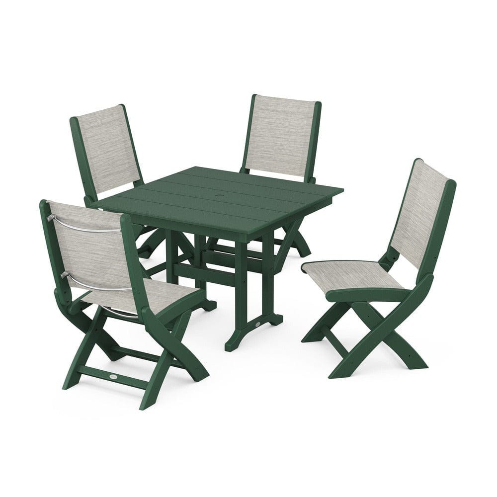 POLYWOOD® Outdoor Furniture Green / Birch Sling POLYWOOD® - Coastal Folding Side Chair 5-Piece Farmhouse Dining Set - PWS1143