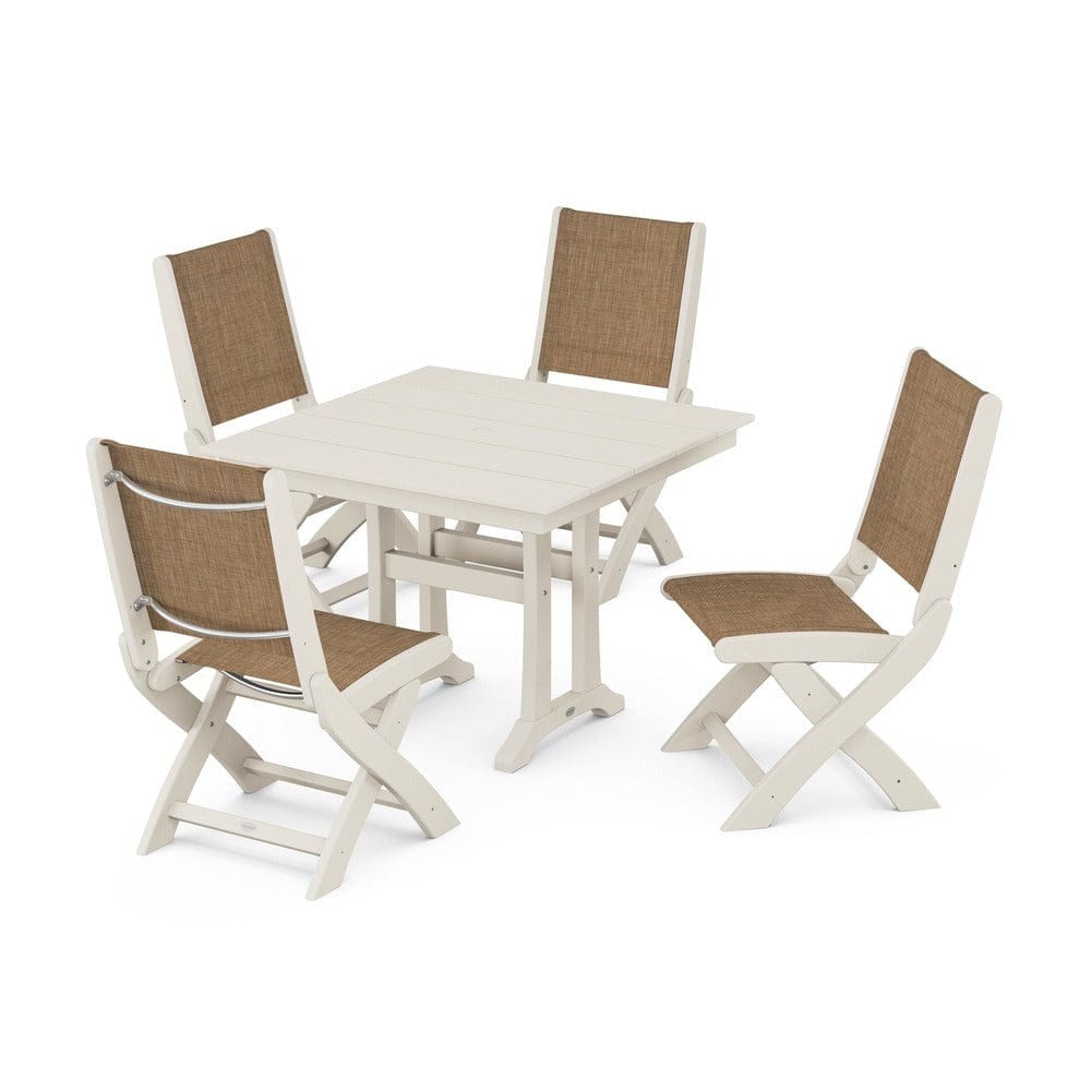 POLYWOOD® Outdoor Furniture Sand / Burlap Sling POLYWOOD® - Coastal Folding Side Chair 5-Piece Farmhouse Dining Set With Trestle Legs - PWS946