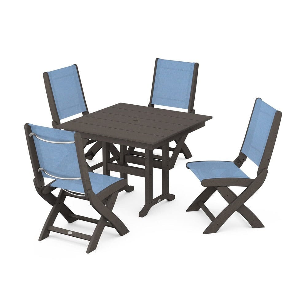POLYWOOD® Outdoor Furniture Vintage Coffee / Poolside Sling POLYWOOD® - Coastal Folding Side Chair 5-Piece Farmhouse Dining Set - PWS1143