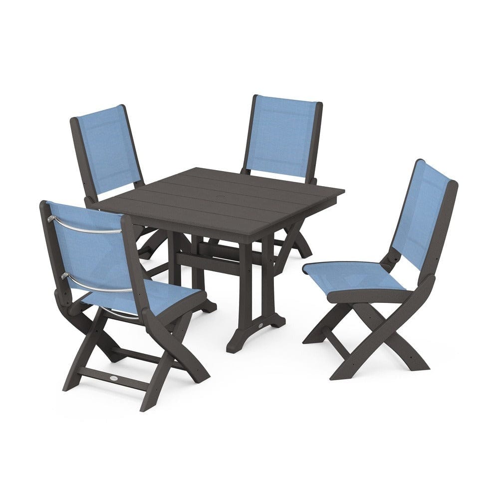 POLYWOOD® Outdoor Furniture Vintage Coffee / Poolside Sling POLYWOOD® - Coastal Folding Side Chair 5-Piece Farmhouse Dining Set With Trestle Legs - PWS946