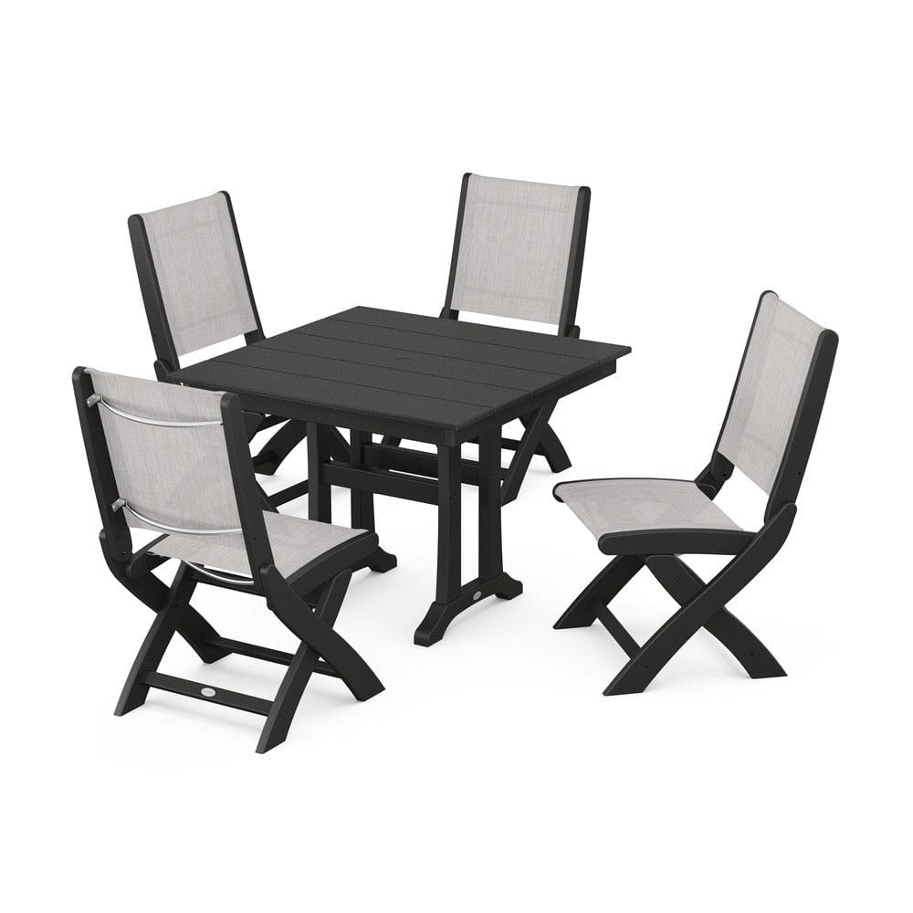 POLYWOOD® Outdoor Furniture Black / Parchment Sling POLYWOOD® - Coastal Folding Side Chair 5-Piece Farmhouse Dining Set With Trestle Legs - PWS946
