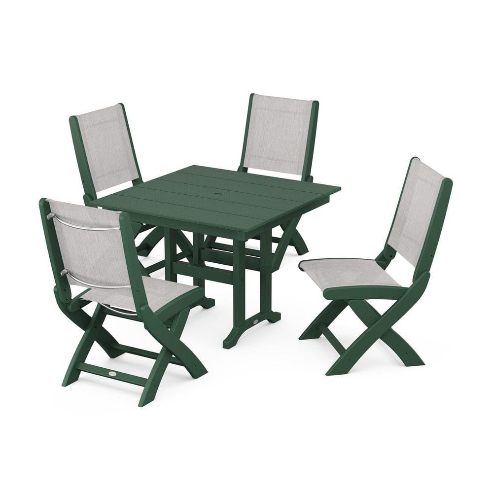 POLYWOOD® Outdoor Furniture Green / Parchment Sling POLYWOOD® - Coastal Folding Side Chair 5-Piece Farmhouse Dining Set - PWS1143