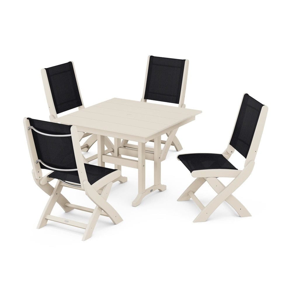 POLYWOOD® Outdoor Furniture Sand / Black Sling POLYWOOD® - Coastal Folding Side Chair 5-Piece Farmhouse Dining Set - PWS1143