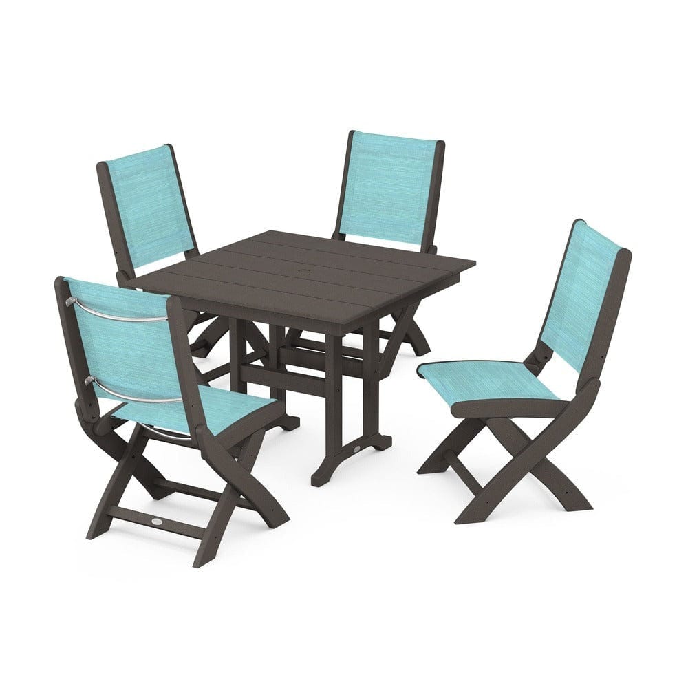 POLYWOOD® Outdoor Furniture Vintage Coffee / Dupioni Aquamarine Sling POLYWOOD® - Coastal Folding Side Chair 5-Piece Farmhouse Dining Set - PWS1143