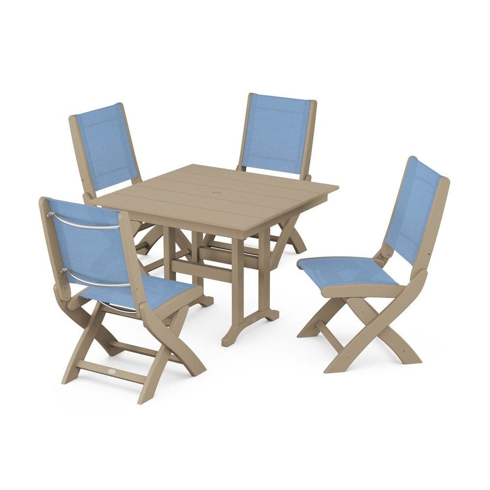 POLYWOOD® Outdoor Furniture Vintage Sahara / Poolside Sling POLYWOOD® - Coastal Folding Side Chair 5-Piece Farmhouse Dining Set - PWS1143