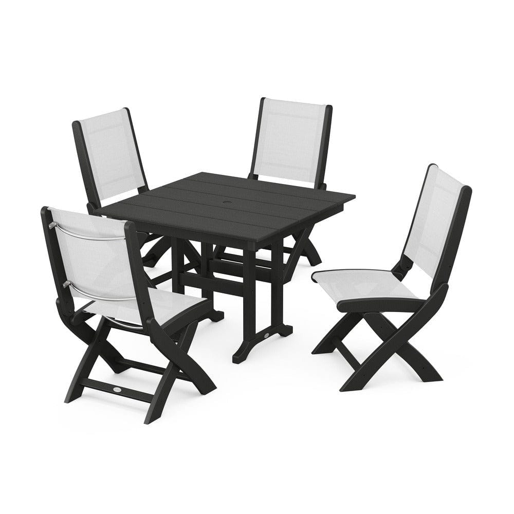 POLYWOOD® Outdoor Furniture Black / White Sling POLYWOOD® - Coastal Folding Side Chair 5-Piece Farmhouse Dining Set - PWS1143
