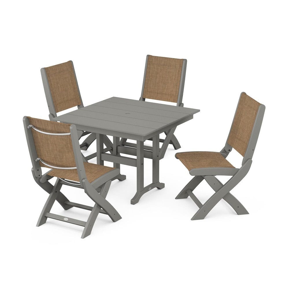POLYWOOD® Outdoor Furniture Slate Grey / Burlap Sling POLYWOOD® - Coastal Folding Side Chair 5-Piece Farmhouse Dining Set - PWS1143