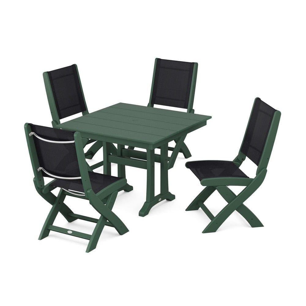 POLYWOOD® Outdoor Furniture Green / Black Sling POLYWOOD® - Coastal Folding Side Chair 5-Piece Farmhouse Dining Set With Trestle Legs - PWS946