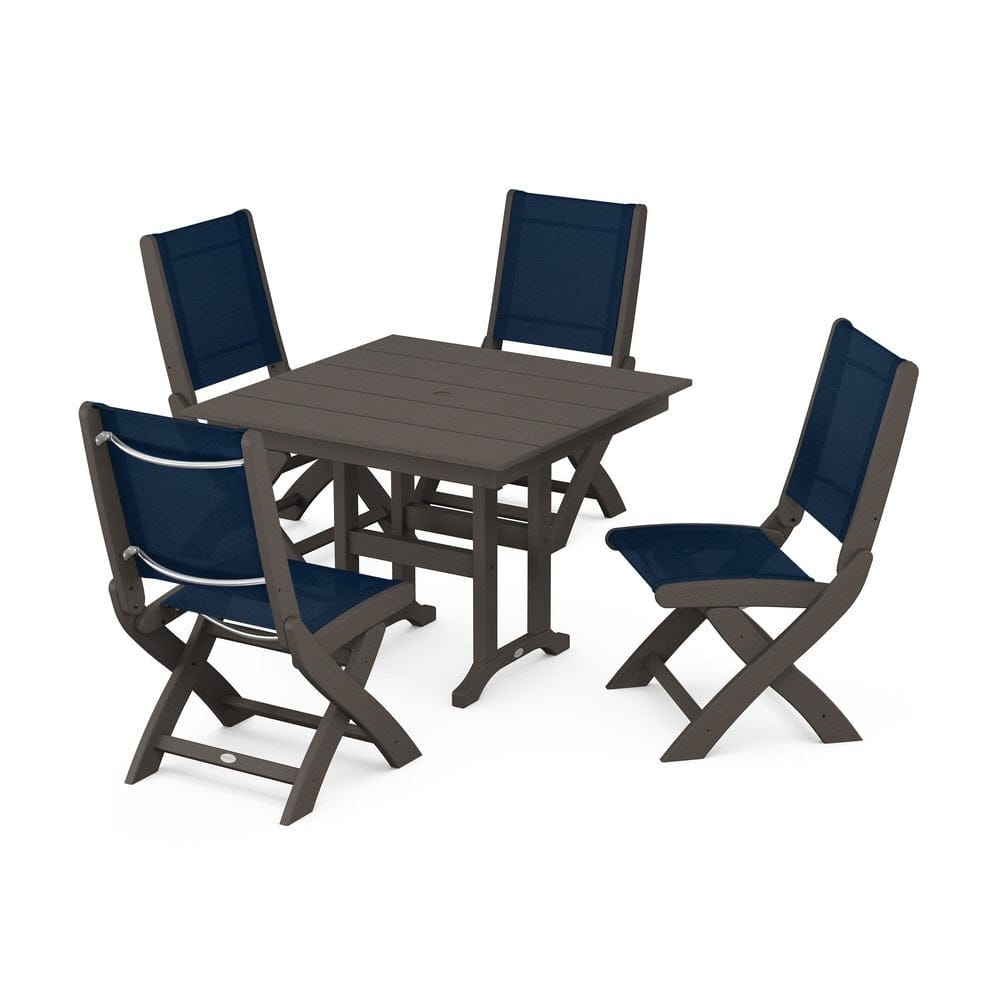 POLYWOOD® Outdoor Furniture Vintage Coffee / Navy Blue Sling POLYWOOD® - Coastal Folding Side Chair 5-Piece Farmhouse Dining Set - PWS1143