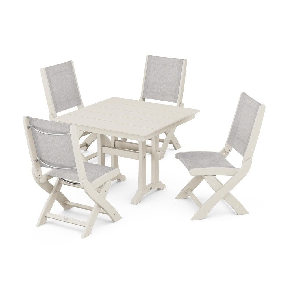 POLYWOOD® Outdoor Furniture Sand / Parchment Sling POLYWOOD® - Coastal Folding Side Chair 5-Piece Farmhouse Dining Set With Trestle Legs - PWS946
