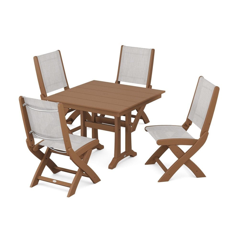 POLYWOOD® Outdoor Furniture Teak / Parchment Sling POLYWOOD® - Coastal Folding Side Chair 5-Piece Farmhouse Dining Set With Trestle Legs - PWS946