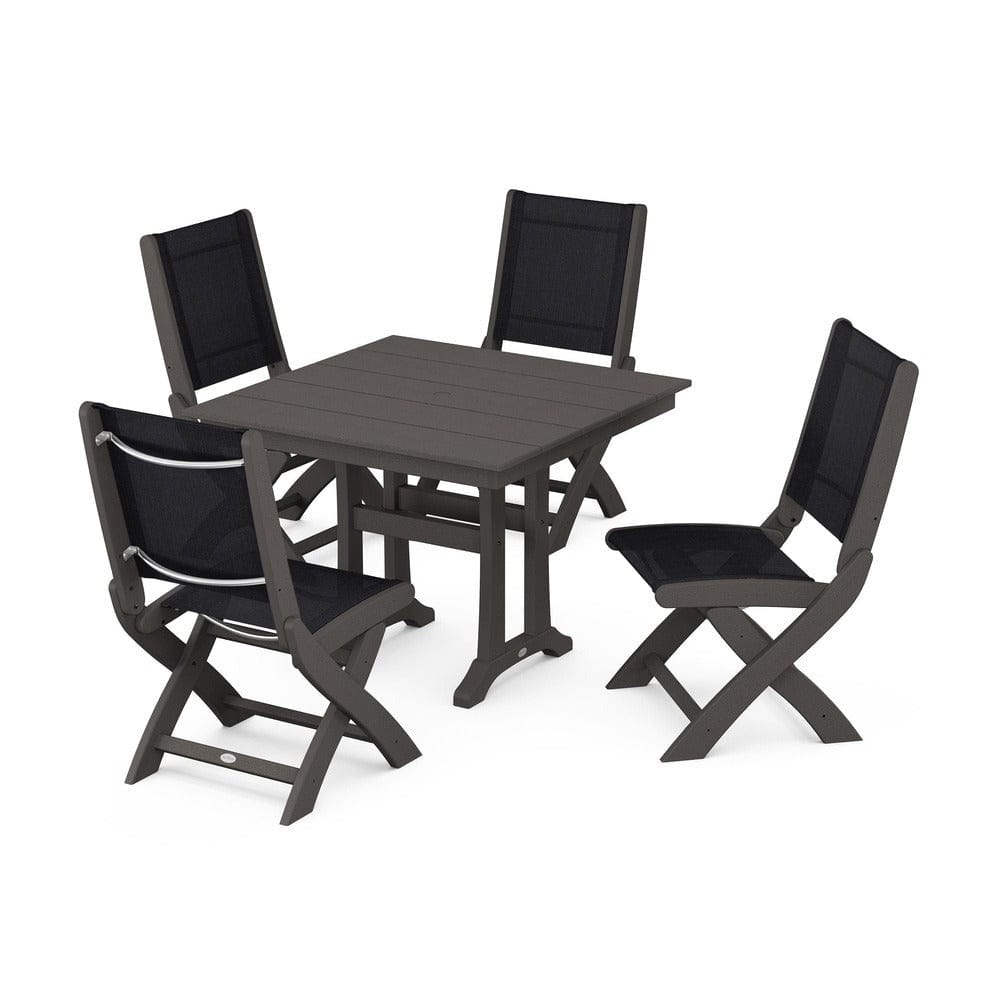 POLYWOOD® Outdoor Furniture Vintage Coffee / Black Sling POLYWOOD® - Coastal Folding Side Chair 5-Piece Farmhouse Dining Set With Trestle Legs - PWS946