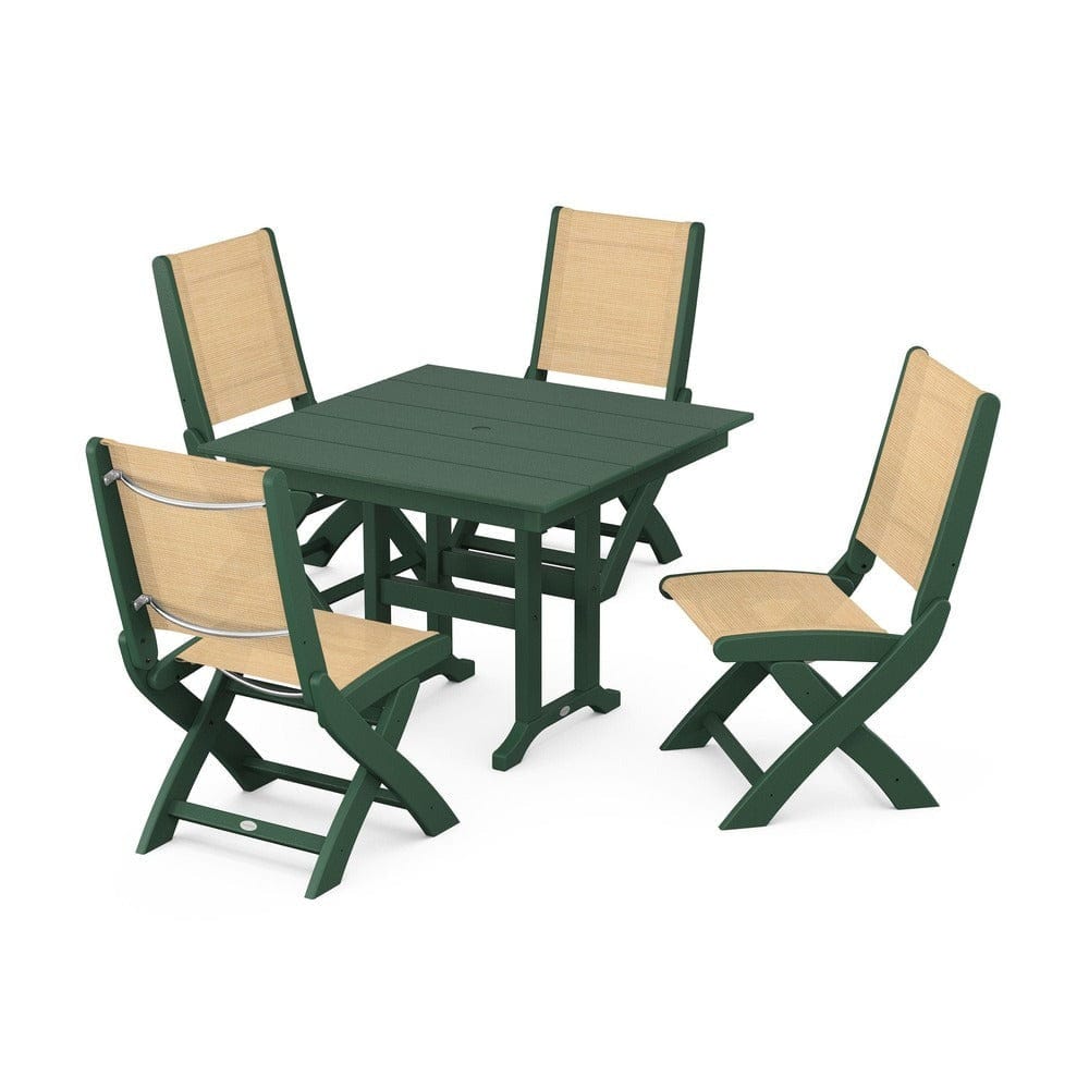 POLYWOOD® Outdoor Furniture Green / Dupioni Apricot Sling POLYWOOD® - Coastal Folding Side Chair 5-Piece Farmhouse Dining Set - PWS1143