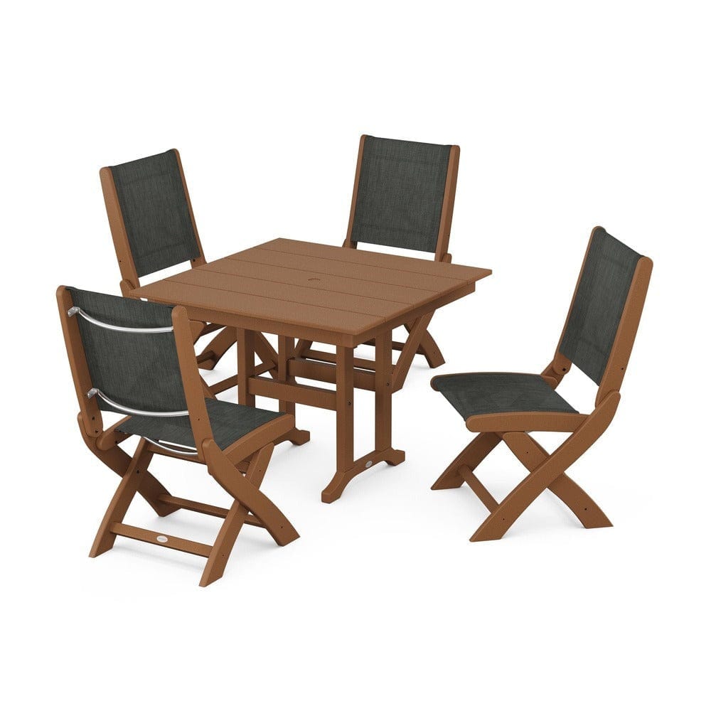 POLYWOOD® Outdoor Furniture Teak / Ember Sling POLYWOOD® - Coastal Folding Side Chair 5-Piece Farmhouse Dining Set - PWS1143